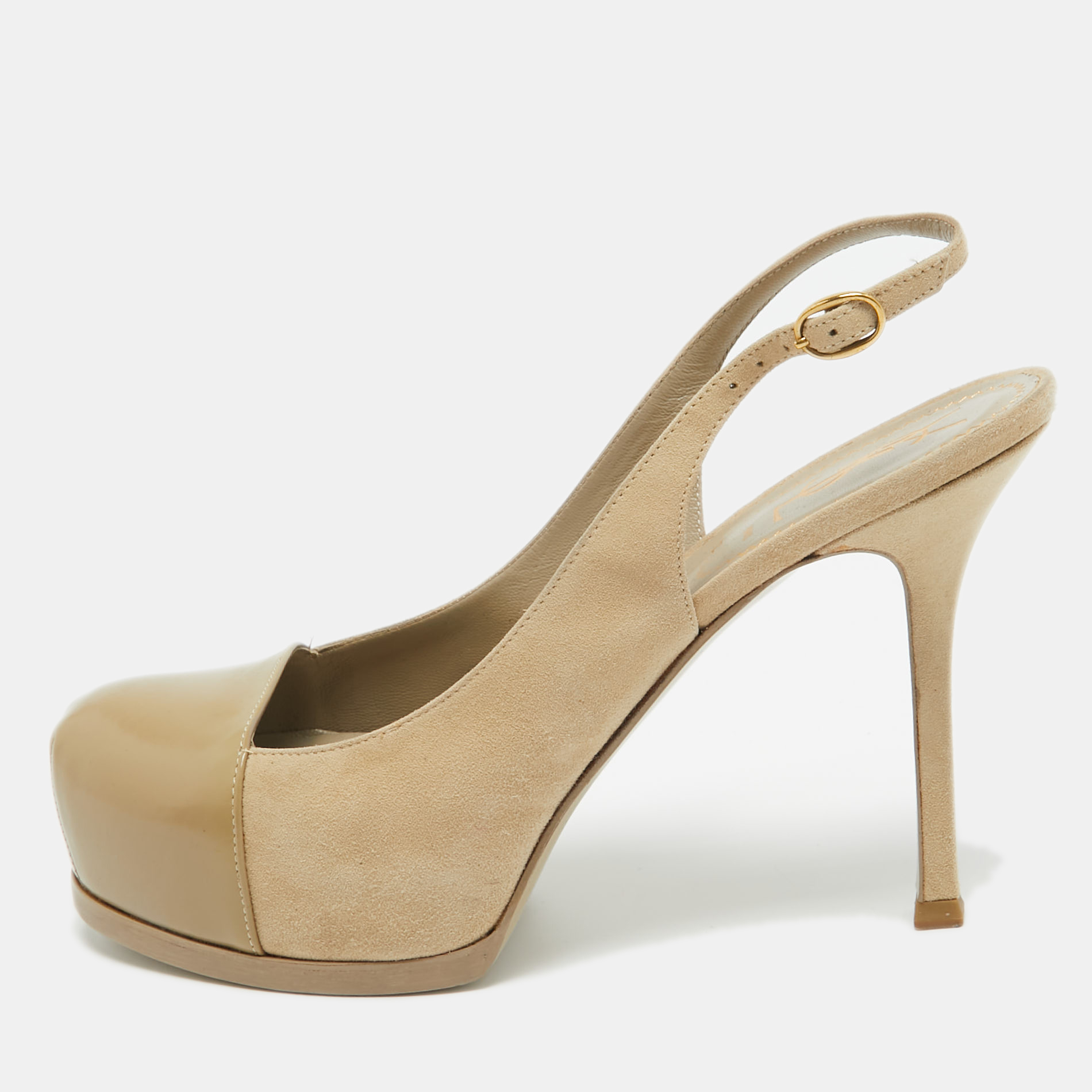 Pre-owned Saint Laurent Beige Suede And Leather Tribtoo Slingback Pumps Size 38.5