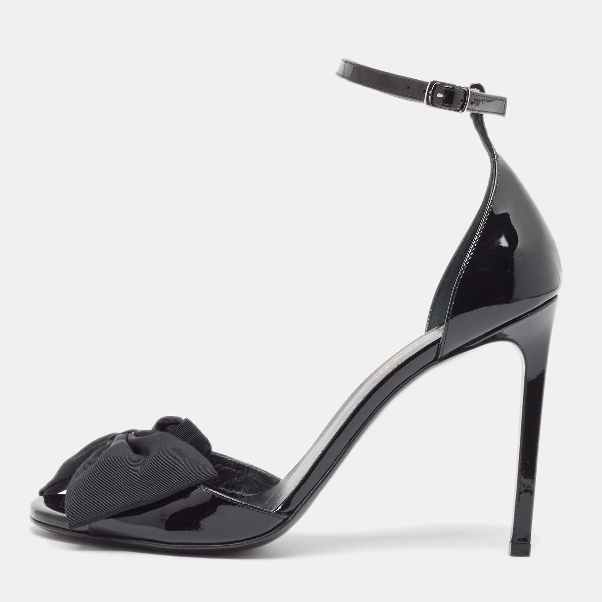 Pre-owned Saint Laurent Black Patent Jane Bow Ankle Strap Sandals Size 38.5