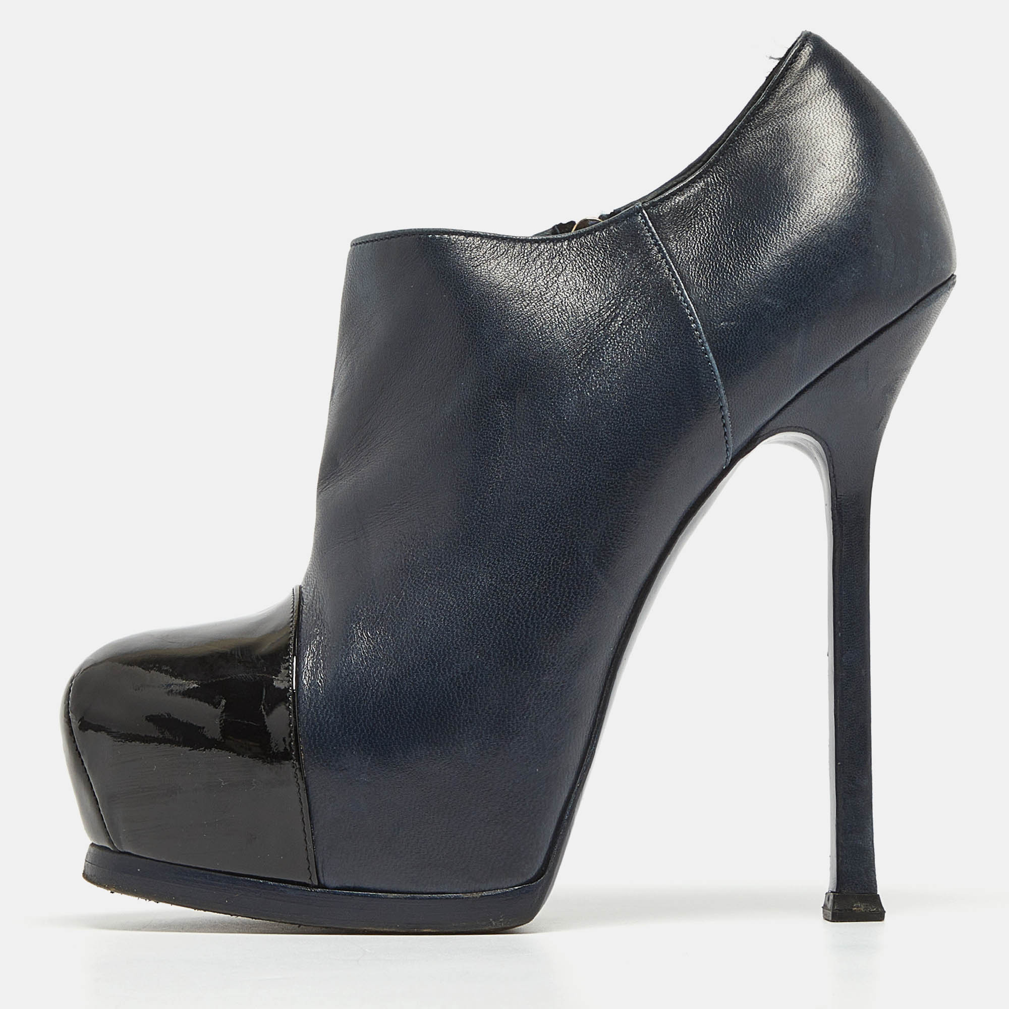 

Yves Saint Laurent Navy Blue/Black Leather and Patent Leather Tribute Platform Ankle Booties Size