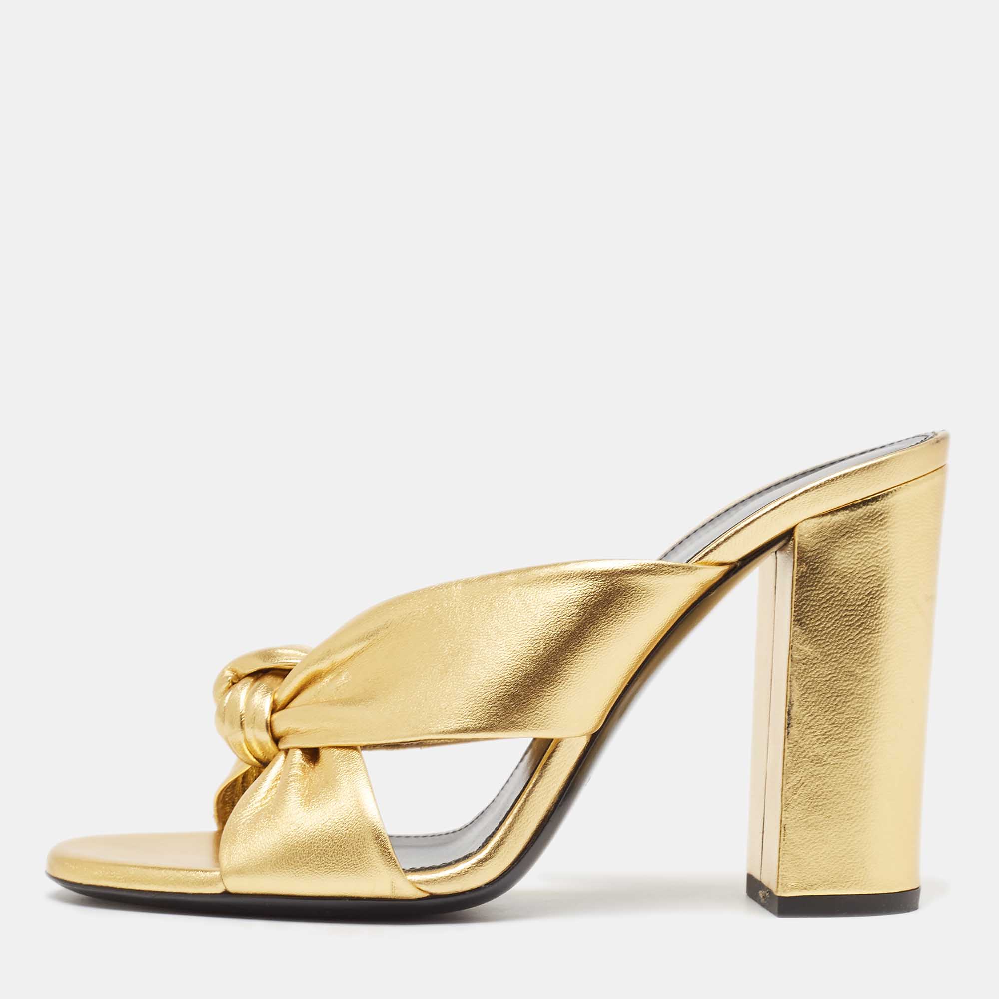 

Saint Laurent Gold Leather Bianca Knotted Slide Sandals Size