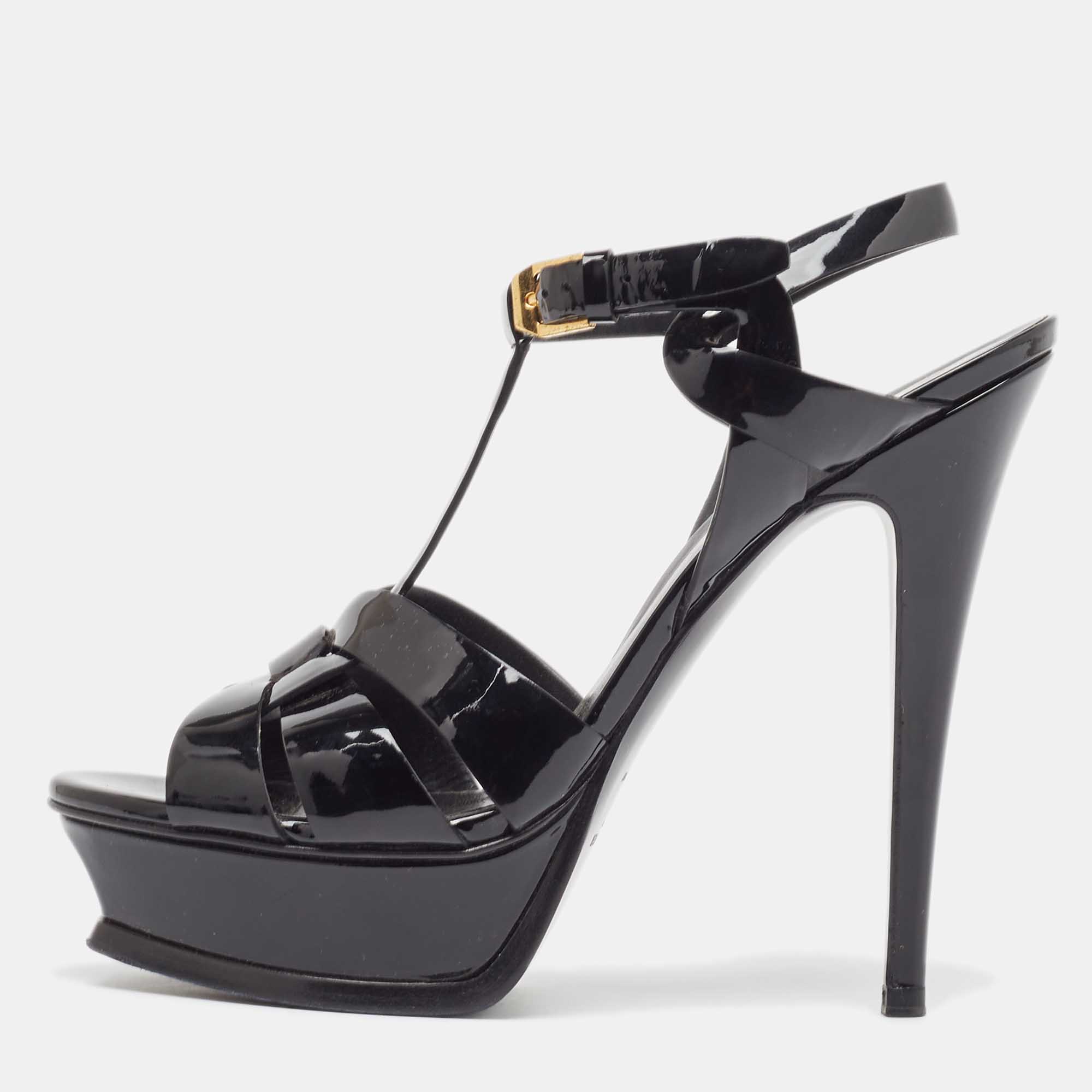 

Saint Laurent Black Patent Tribute Sandals Size