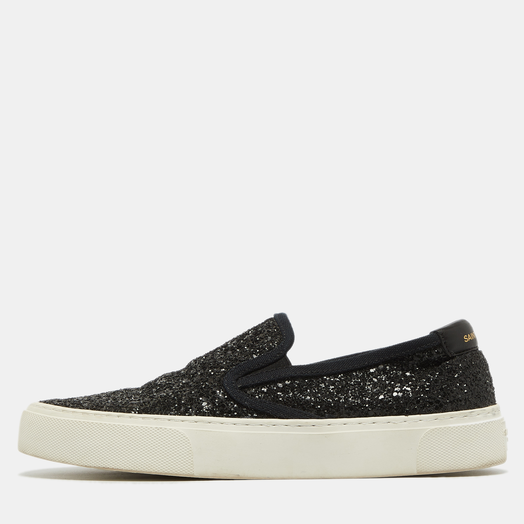 Pre-owned Saint Laurent Black Glitter Slip On Sneakers Size 37.5