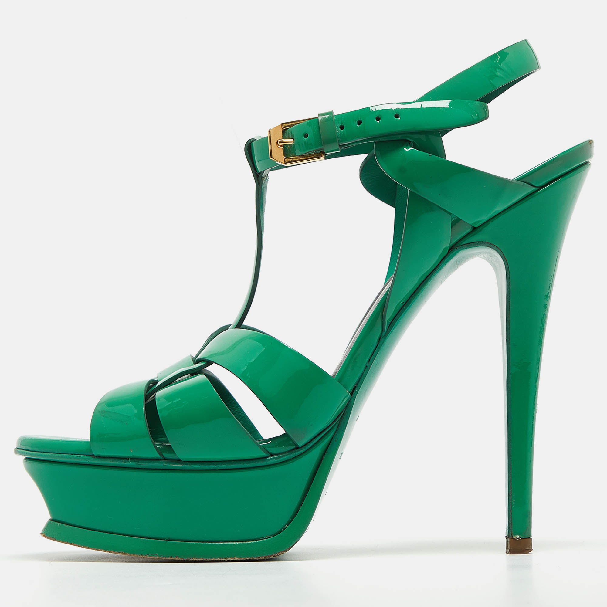 Pre-owned Saint Laurent Green Patent Tribute Ankle Strap Sandals Size 38