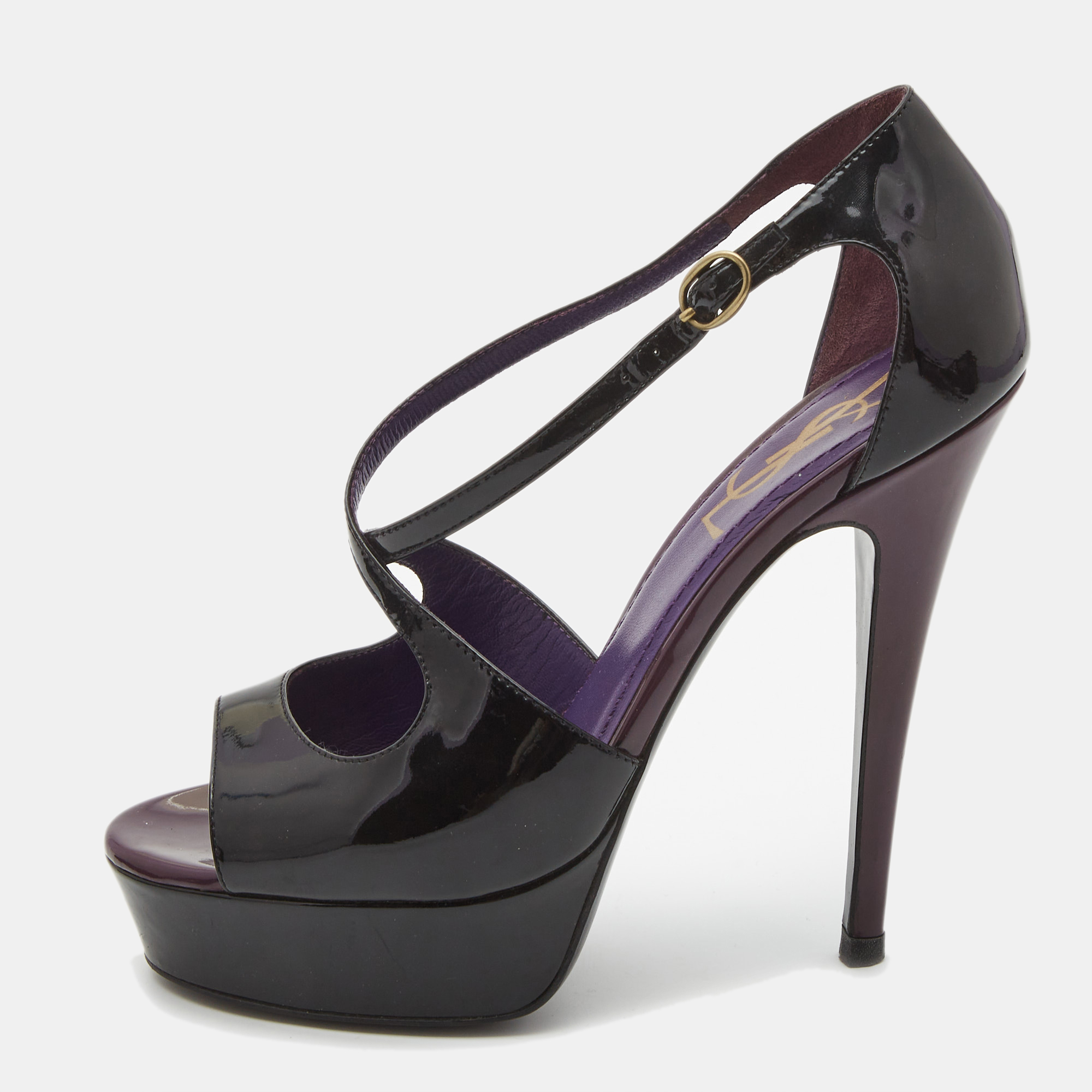 Pre-owned Saint Laurent Black Patent Leather Platform Ankle Strap Sandals Size 36