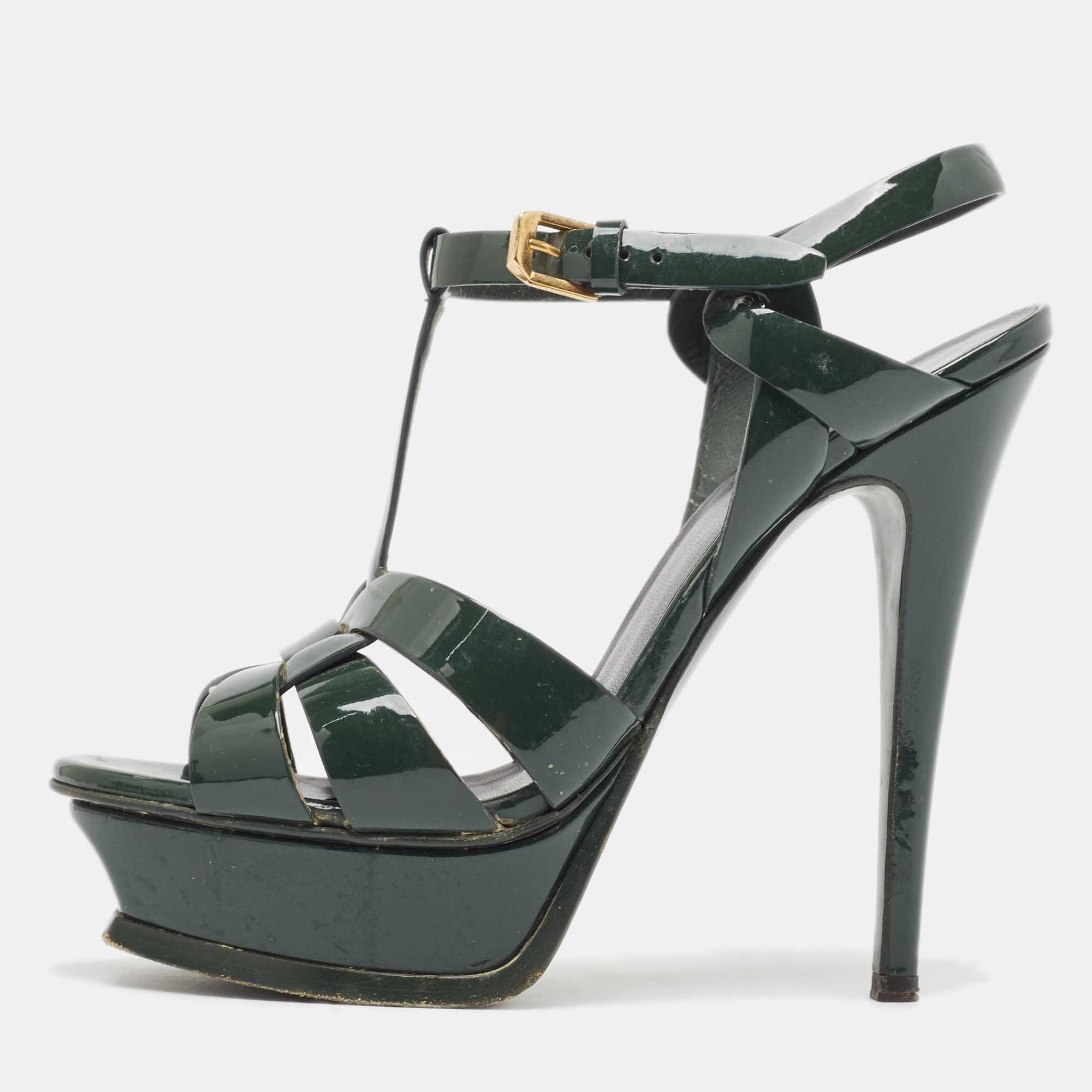 

Saint Laurent Green Patent Tribute Ankle Strap Sandals Size
