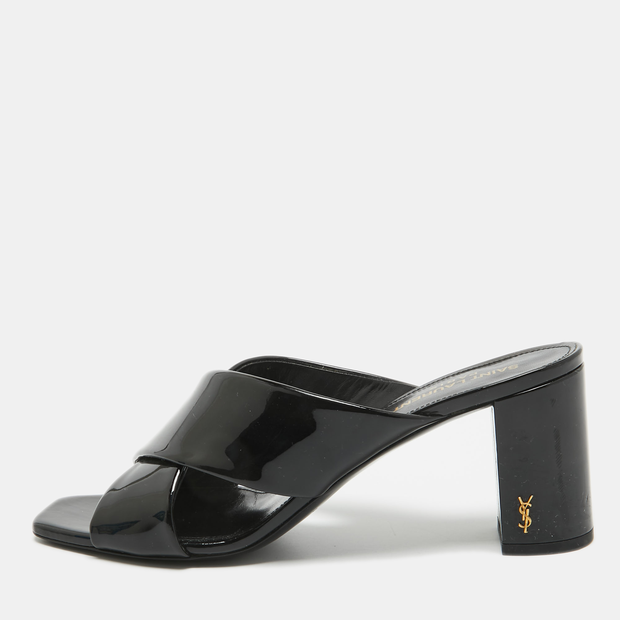 

Saint Laurent Paris Black Patent Leather Loulou Criss Cross Block Heel Sandals Size