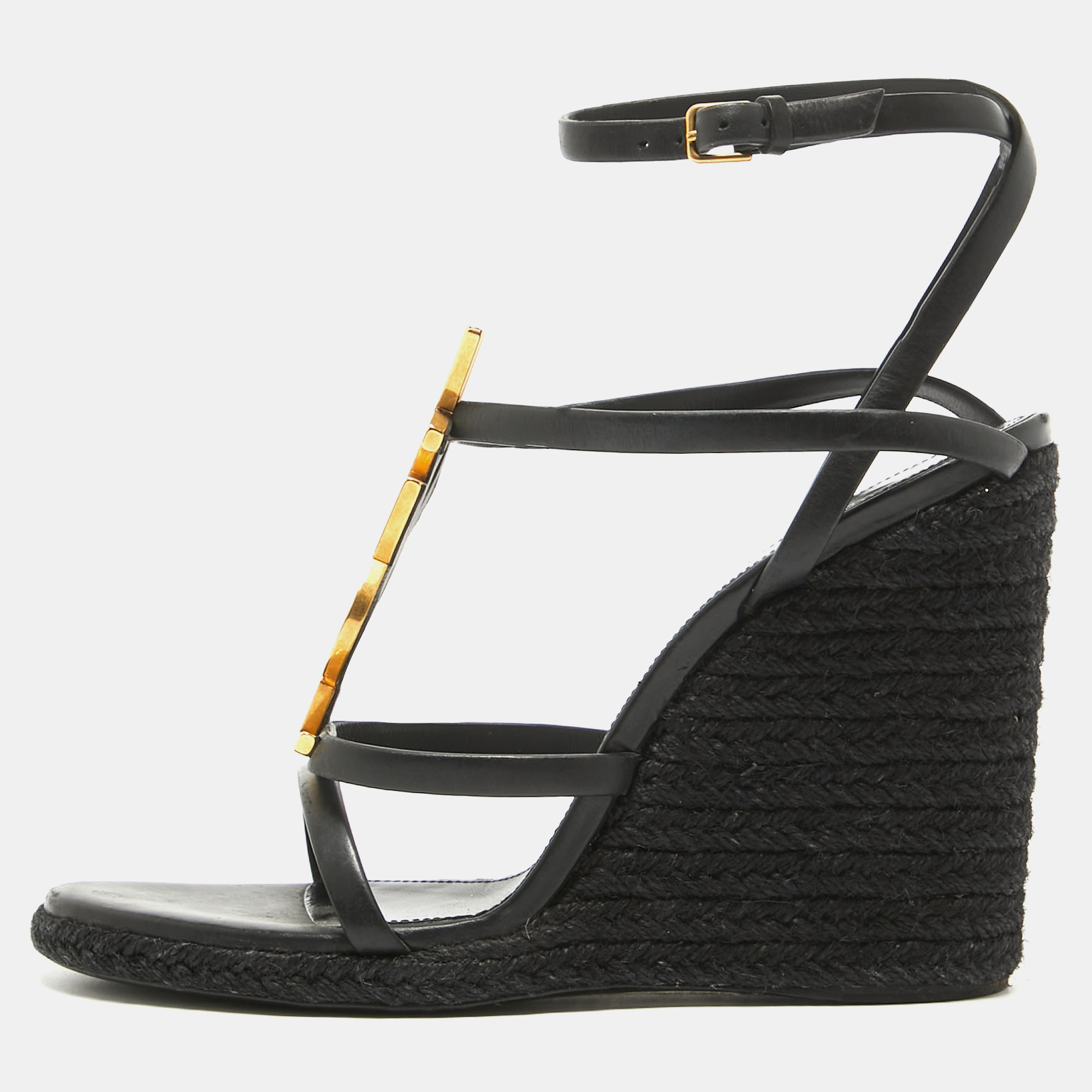 

Saint Laurent Black Leather Cassandra Espadrille Wedge Strappy Sandals Size