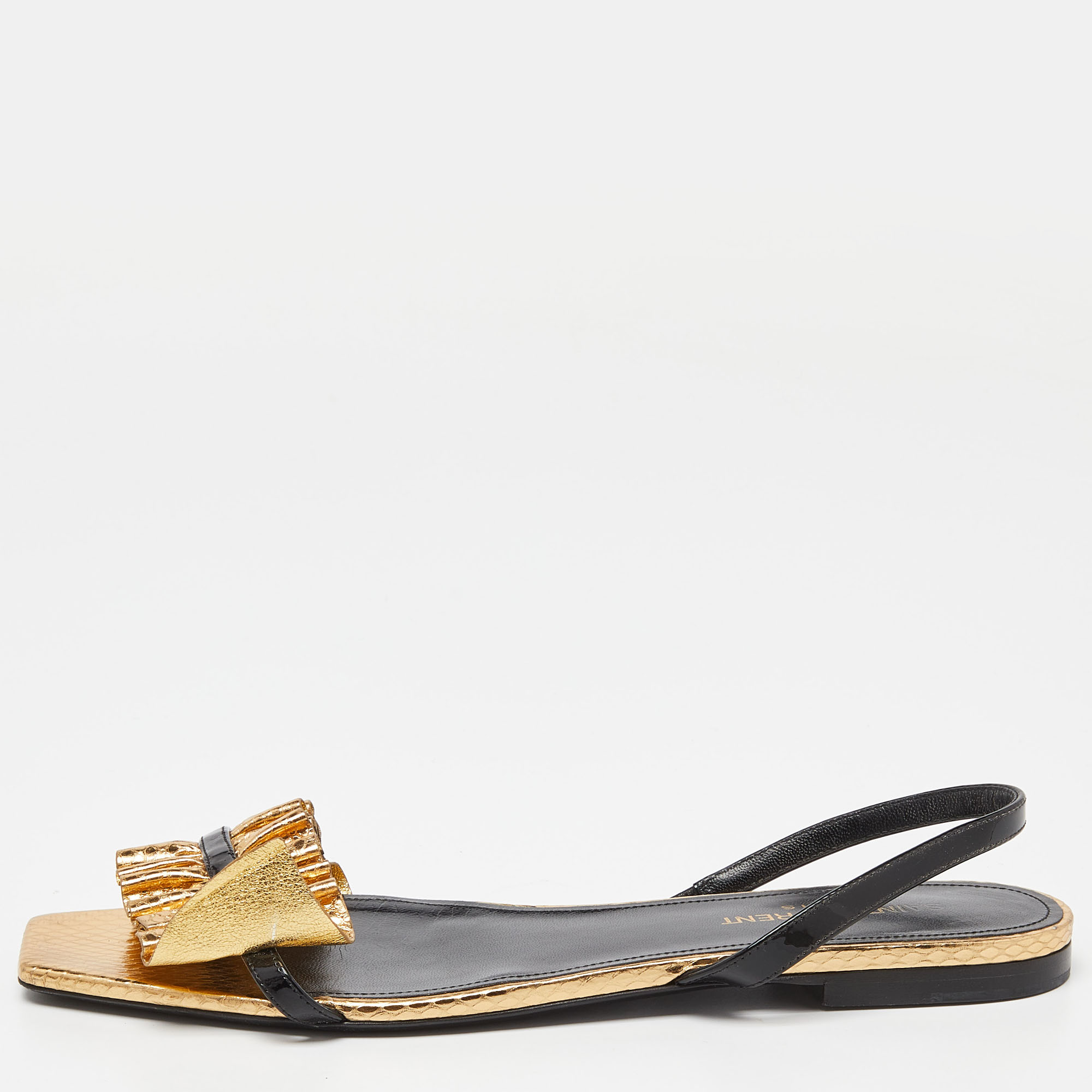 

Saint Laurent Gold/Black Python Embossed Leather Edie Slingback Flat Sandals Size
