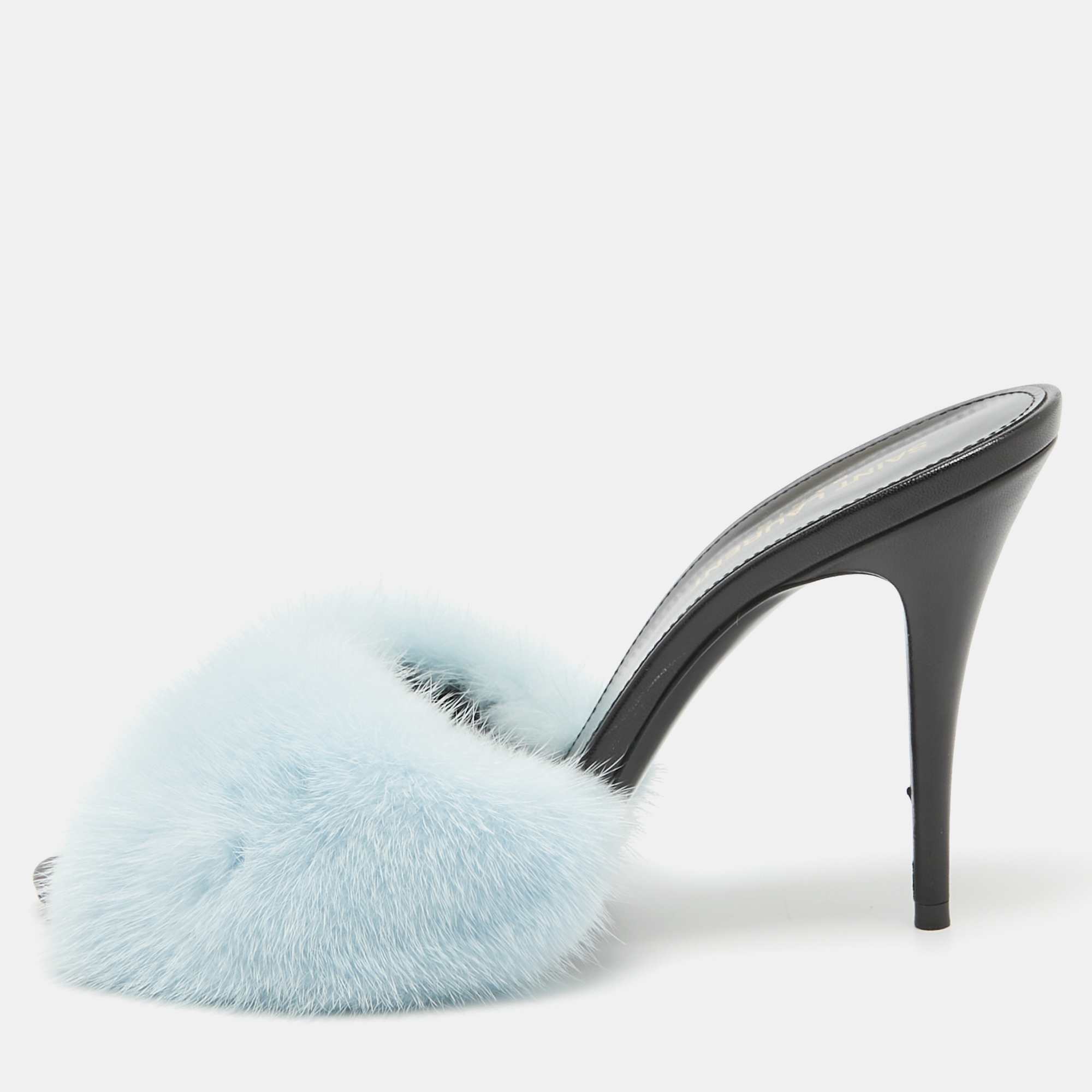 Pre-owned Saint Laurent Blue Mink Fur Roy Slide Sandals Size 39