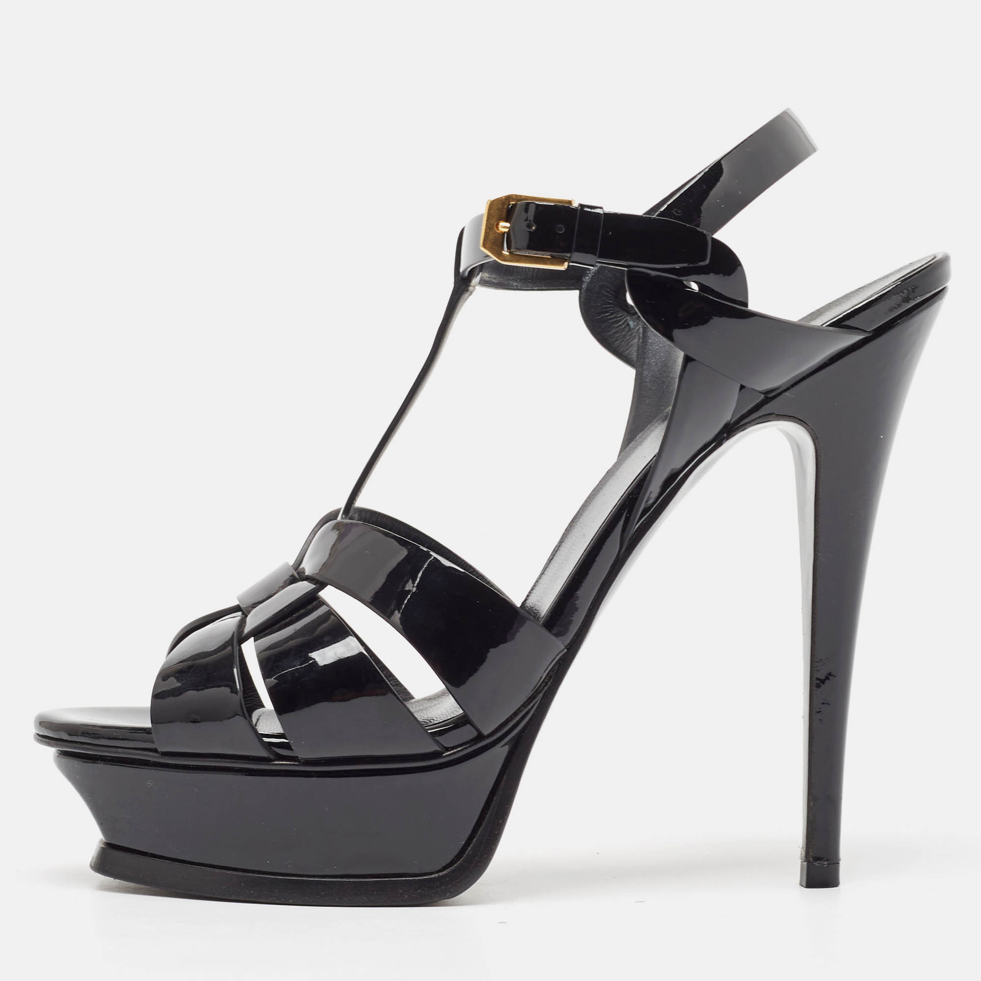 

Saint Laurent Paris Black Patent Leather Tribute Platform Ankle Strap Sandals Size