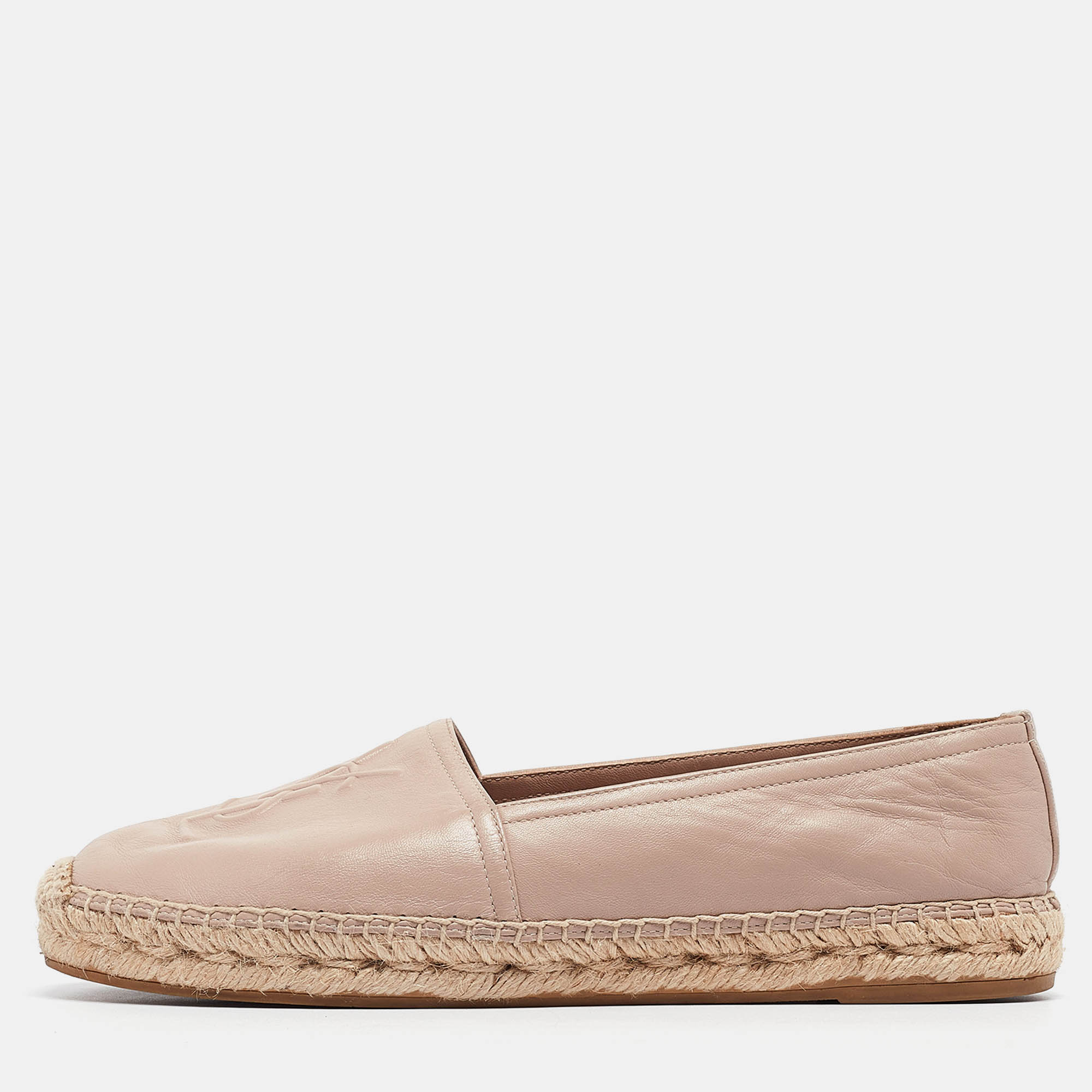 Pre-owned Saint Laurent Pink Leather Logo Embossed Espadrille Flats Size 38