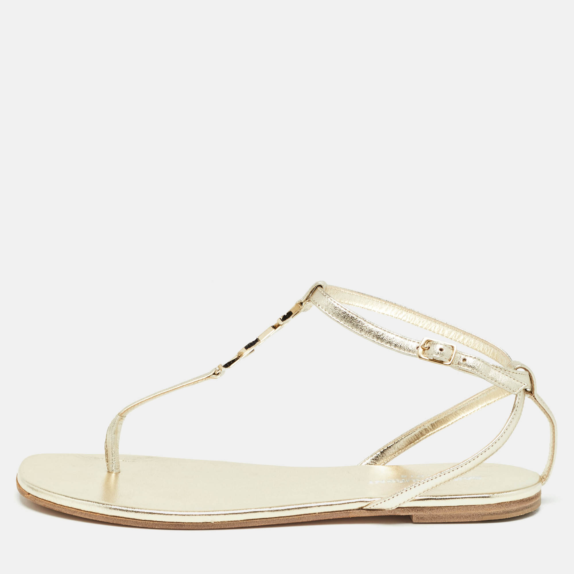 

Saint Laurent Paris Gold Leather Cassandra Thong Flat Sandals Size