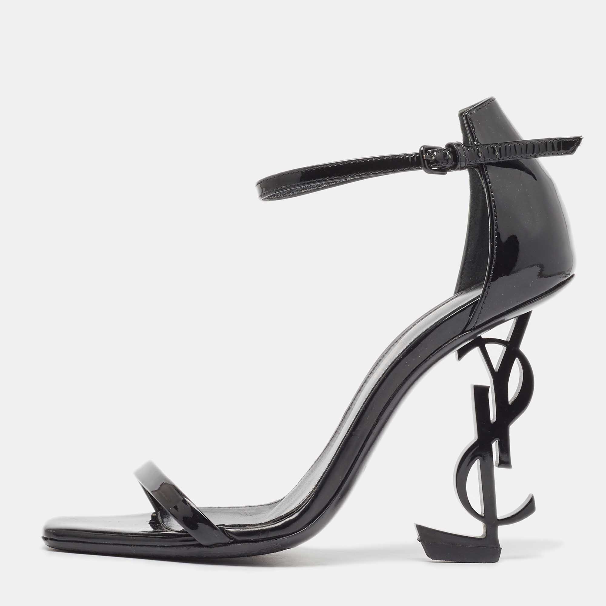 Pre-owned Saint Laurent Black Patent Leather Opyum Ankle Strap Sandals Size 34.5