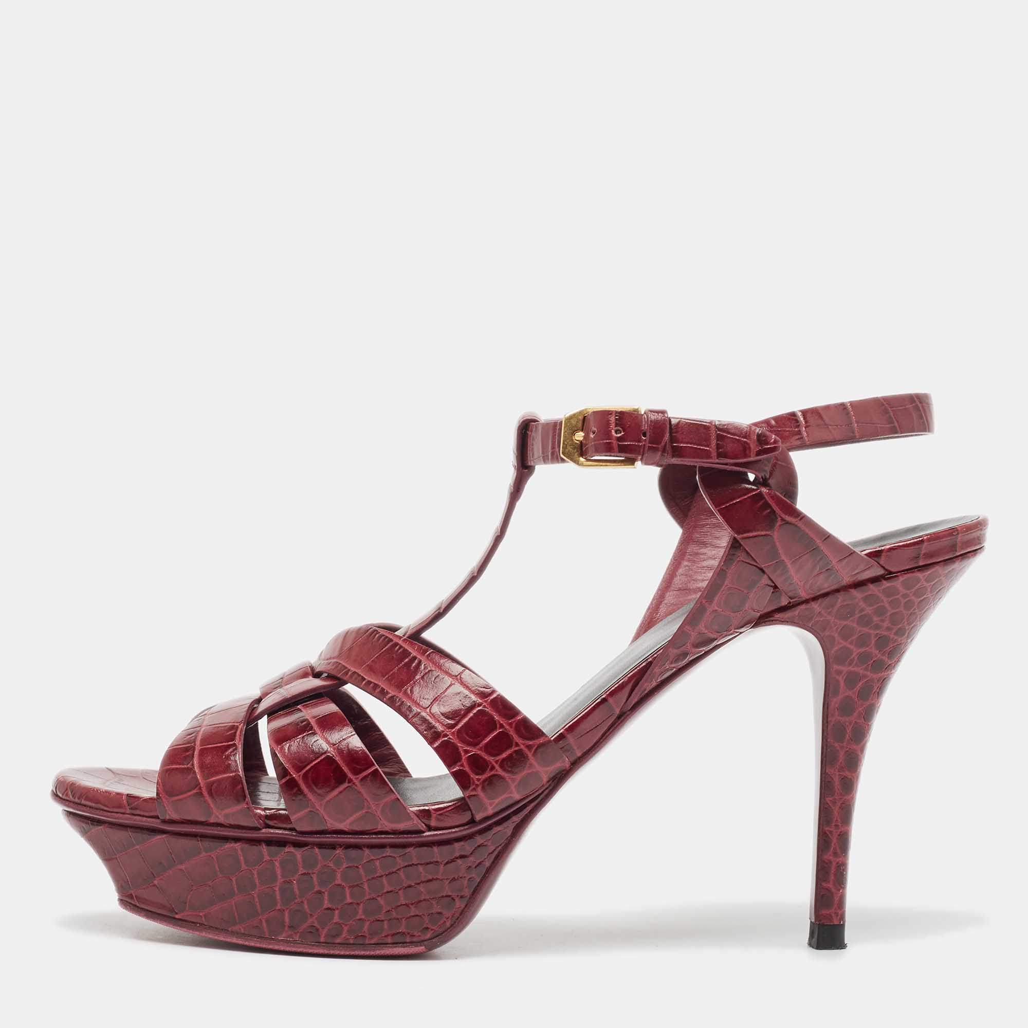 

Saint Laurent Plum Embossed Crocodile Tribute Sandals Size, Purple