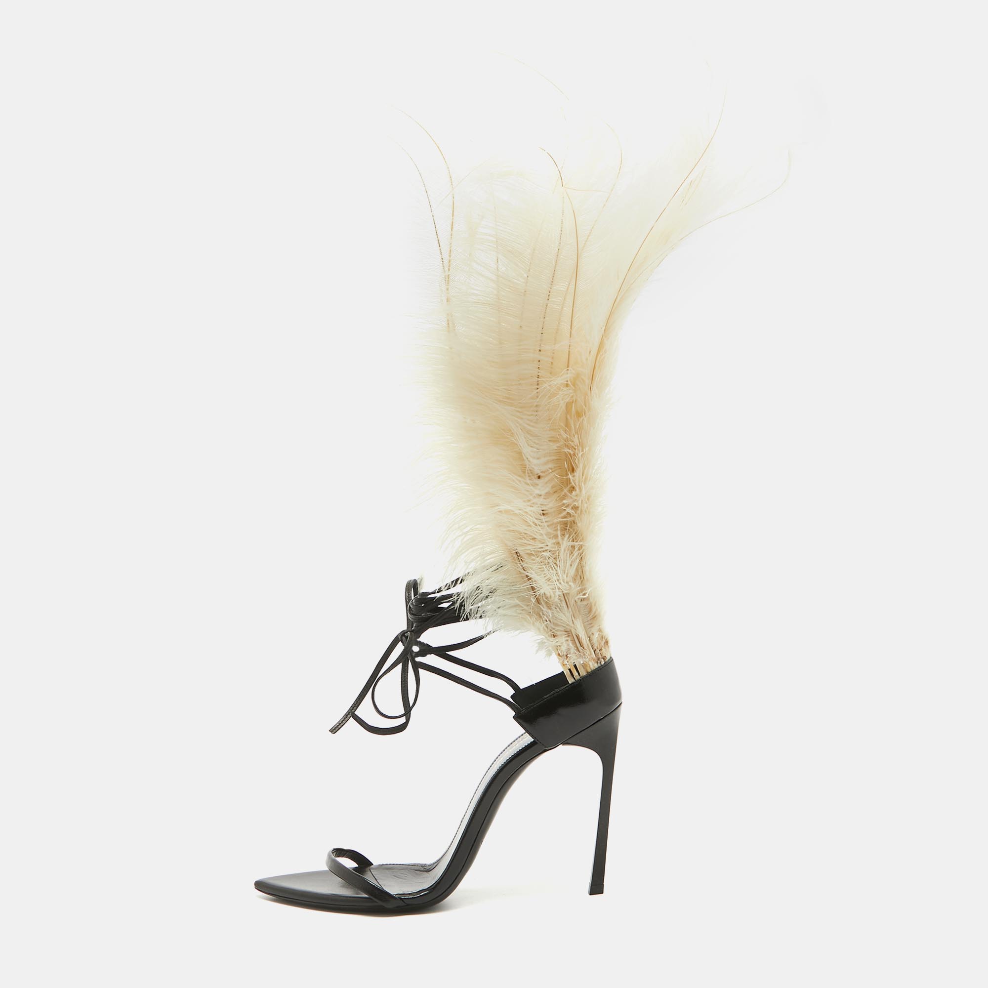 

Saint Laurent Paris Black/White Leather and Feather Iris Ankle Wrap Sandals Size