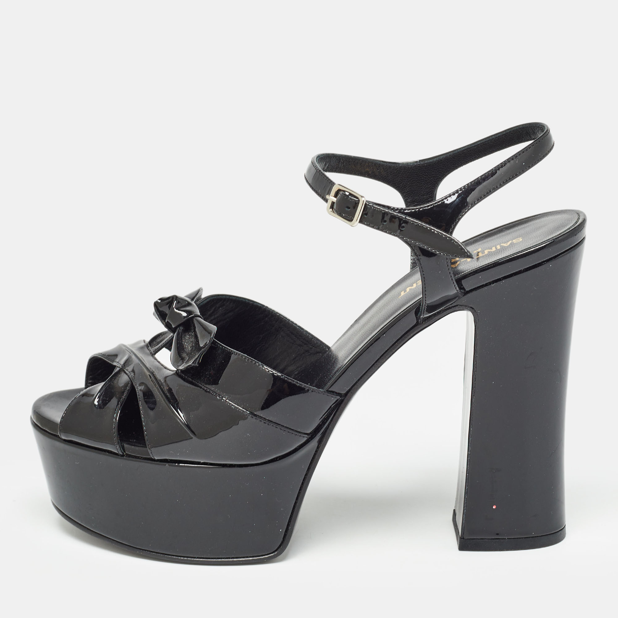 

Saint Laurent Paris Black Patent Leather Candy Platform Block Heel Ankle Strap Sandals Size