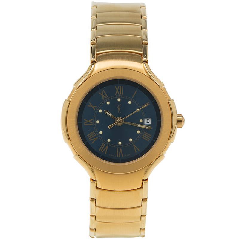 Pre Owned Saint Laurent Paris Blue Gold-Plated Stainless Steel Classic Women's Wristwatch 28MM