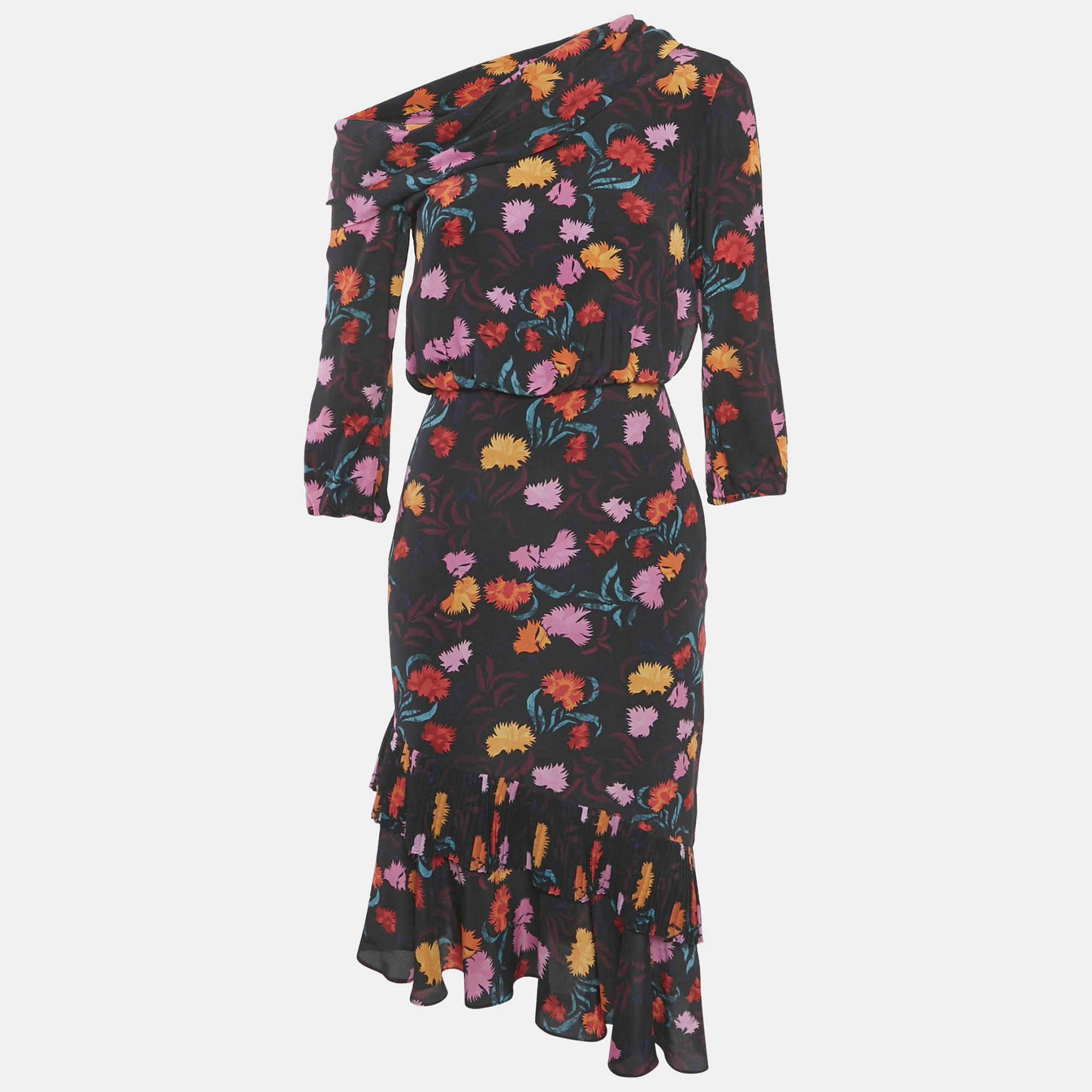 

Saloni Silk Ruffled Asymmetric Midi Dress S, Black