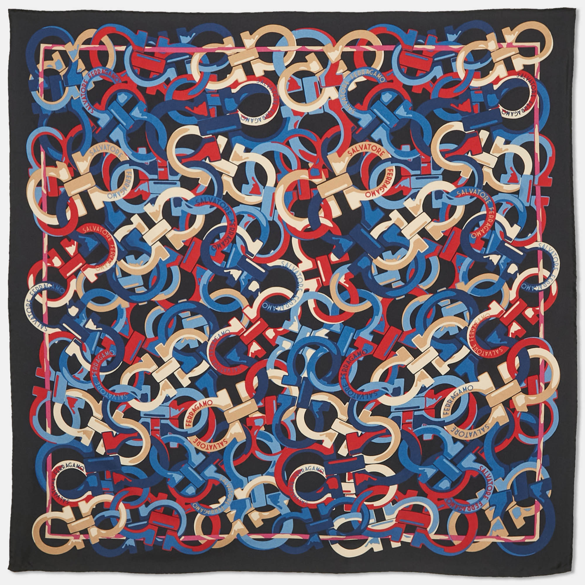 

Salvatore Ferragamo Navy Blue Logo Print Silk Scarf