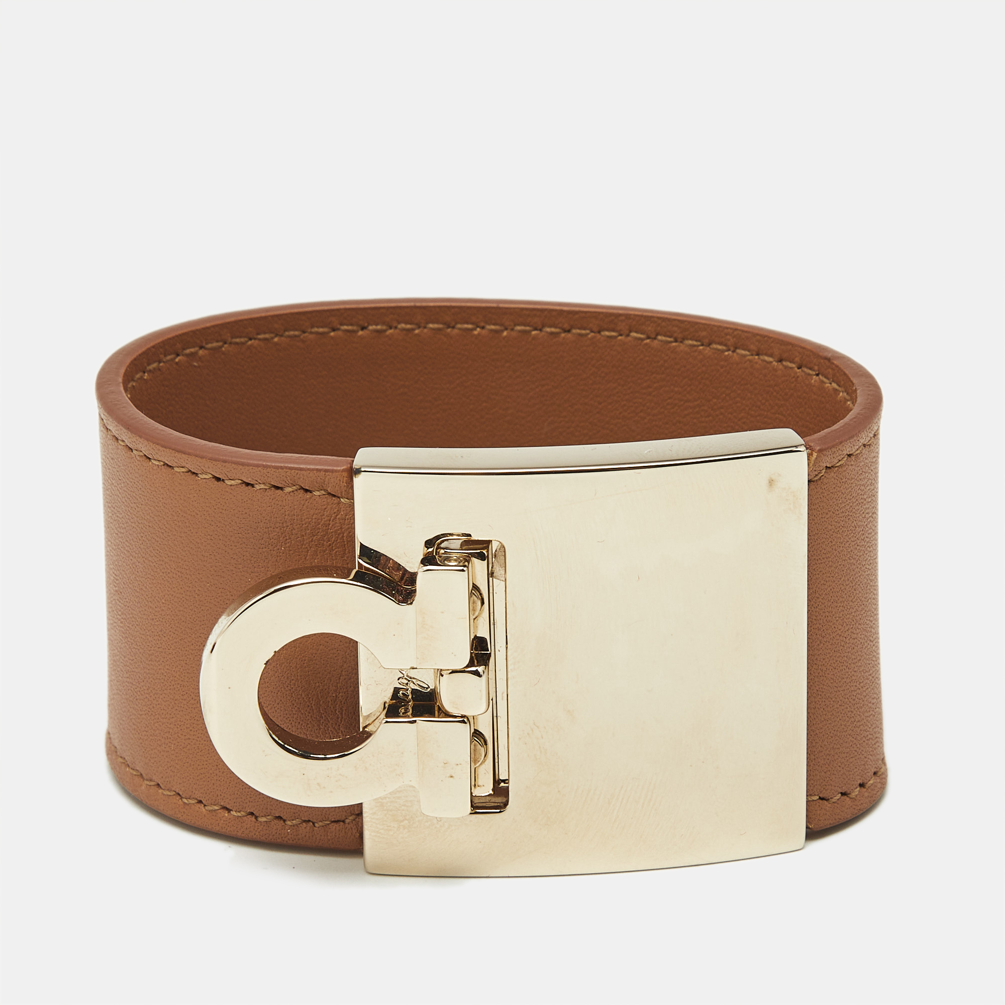 Pre-owned Ferragamo Brown Leather Gold Tone Wrap Bracelet