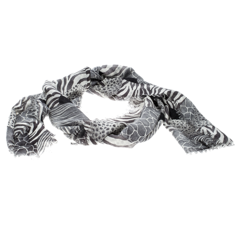 Pre Owned Salvatore Ferragamo Monochrome Animal Pattern Silk Cashmere Frayed Trim Scarf