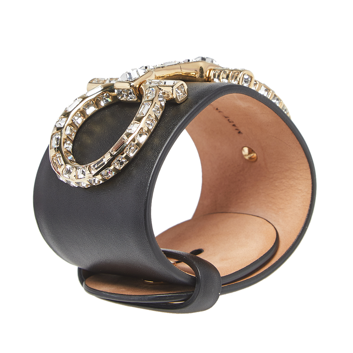

Salvatore Ferragamo Black Leather Crystal Embellished Gancini Bracelet
