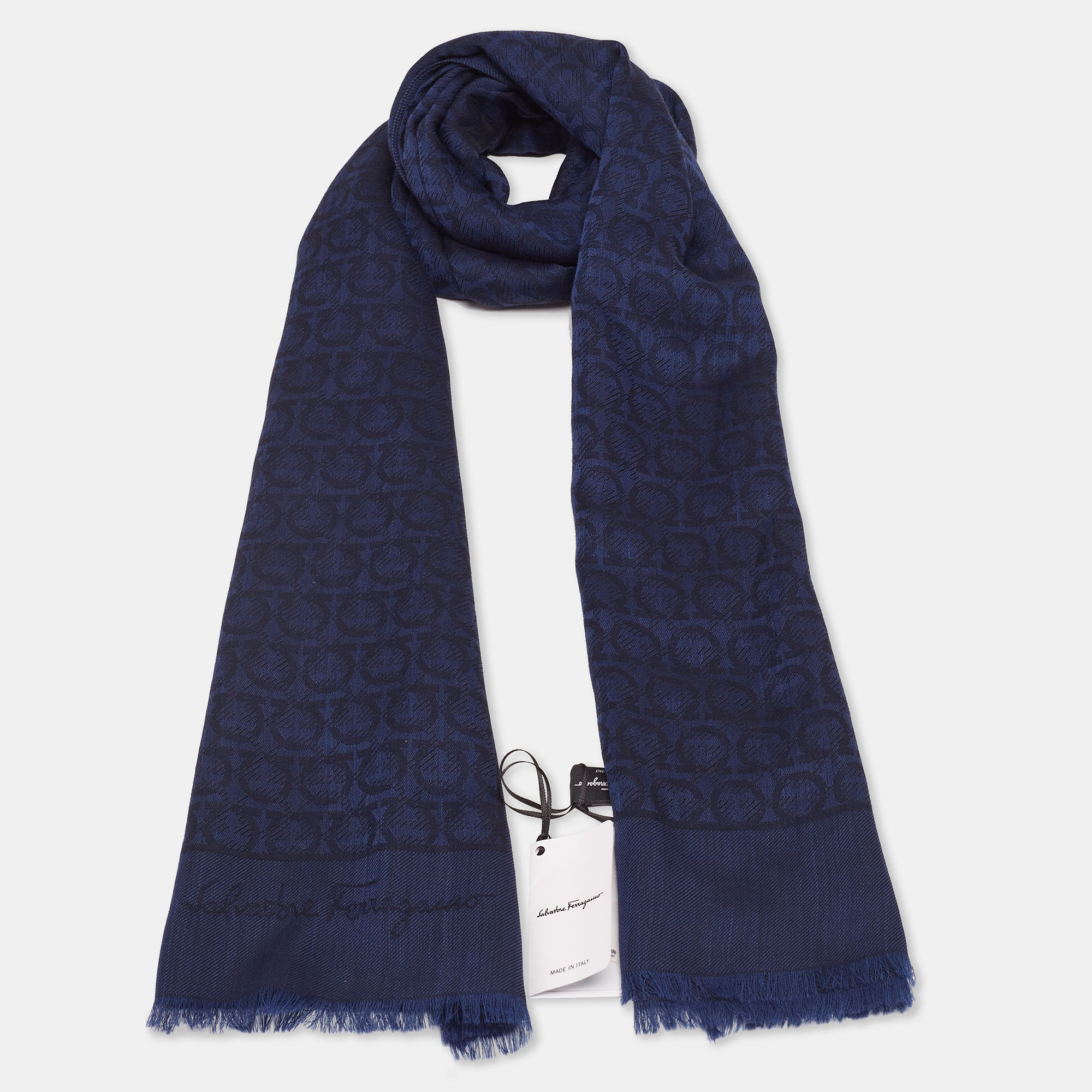 

Salvatore Ferragamo Navy Blue Gancini Jacquard Silk & Wool Scarf