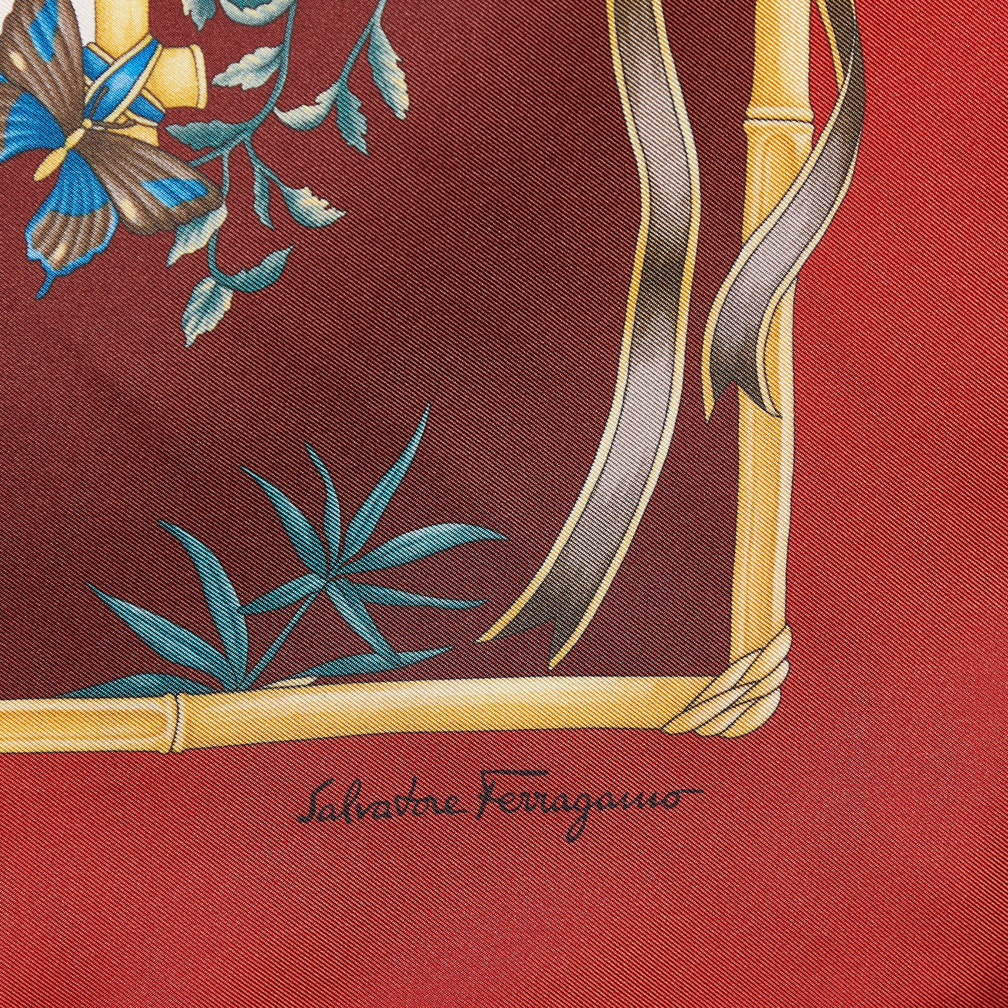 

Salvatore Ferragamo Burgundy Parrot & Floral Printed Silk Square Scarf