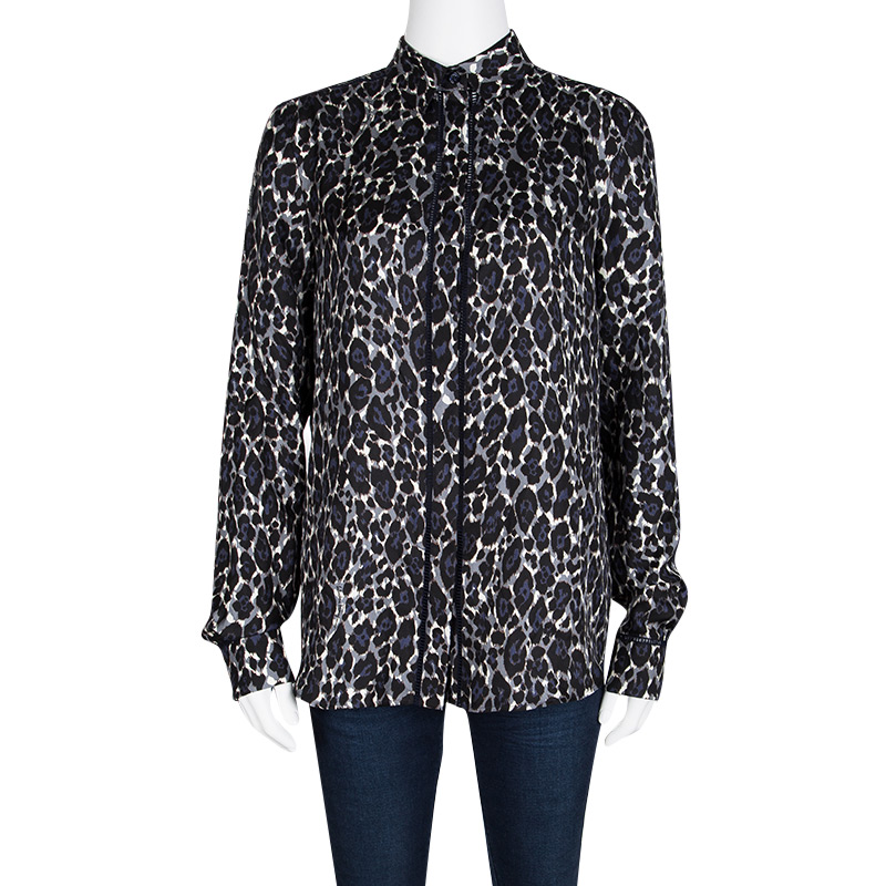 

Salvatore Ferragamo Leopard Printed Silk Ladder Lace Insert Long Sleeve Shirt, Multicolor