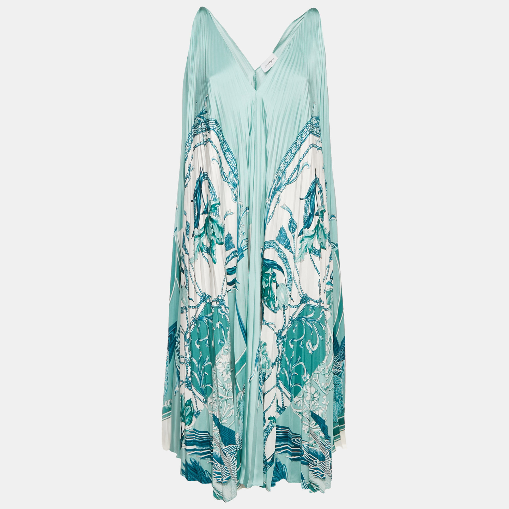 

Salvatore Ferragamo Blue Floral Print Satin Plisse Midi Dress M
