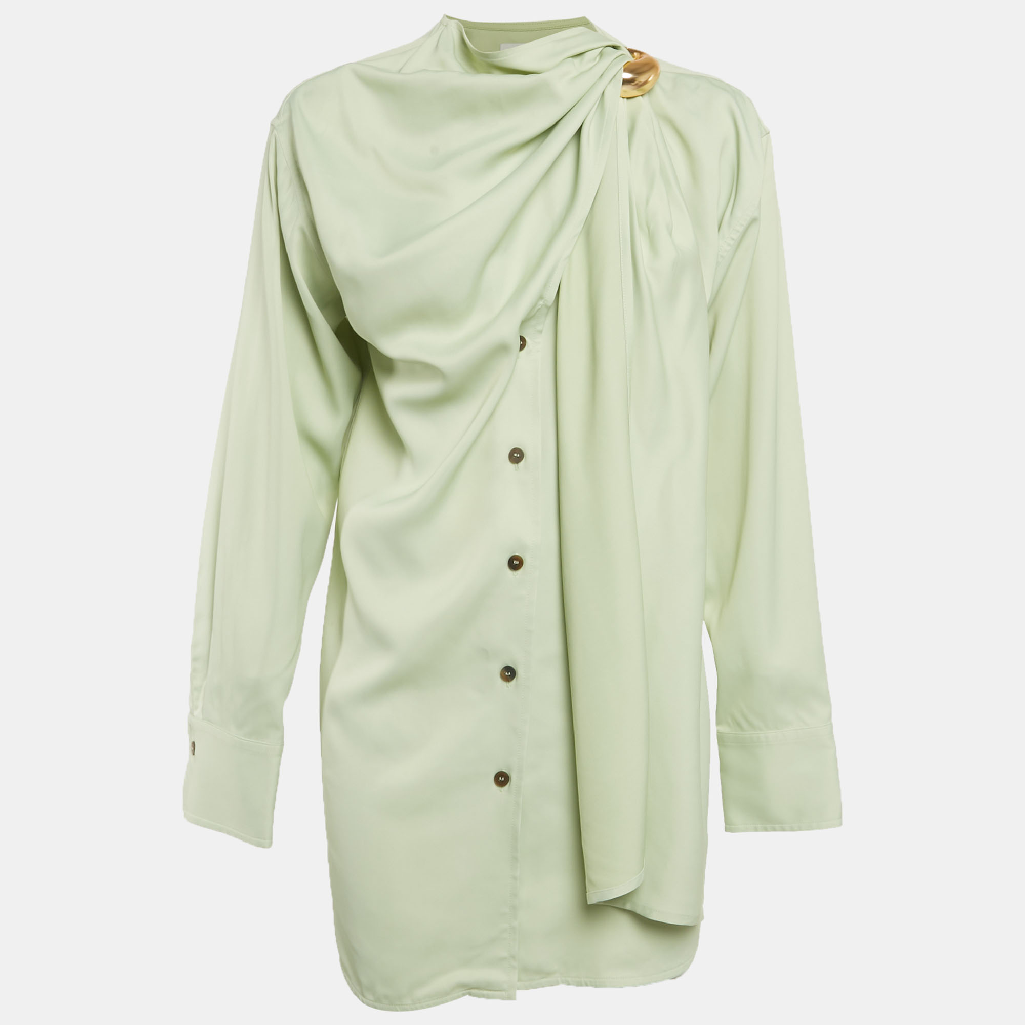 

Salvatore Ferragamo Light Green Satin Draped Scarf Detail Shirt S