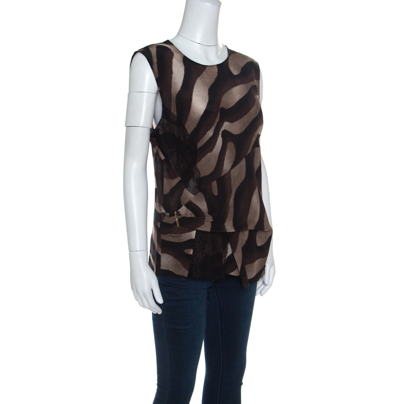 

Salvatore Ferragamo Brown Animal Print Lace Insert Silk Top