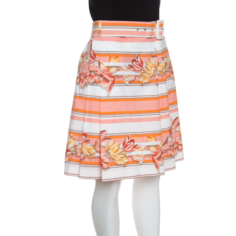 

Salvatore Ferragamo Multicolor Printed Cotton Belted Pleated Skirt