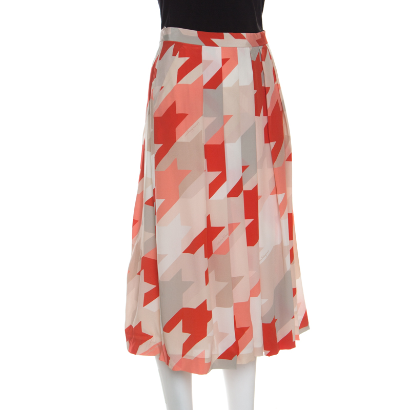 

Salvatore Ferragamo Multicolor Houndstooth Pattern Pleated Silk Skirt