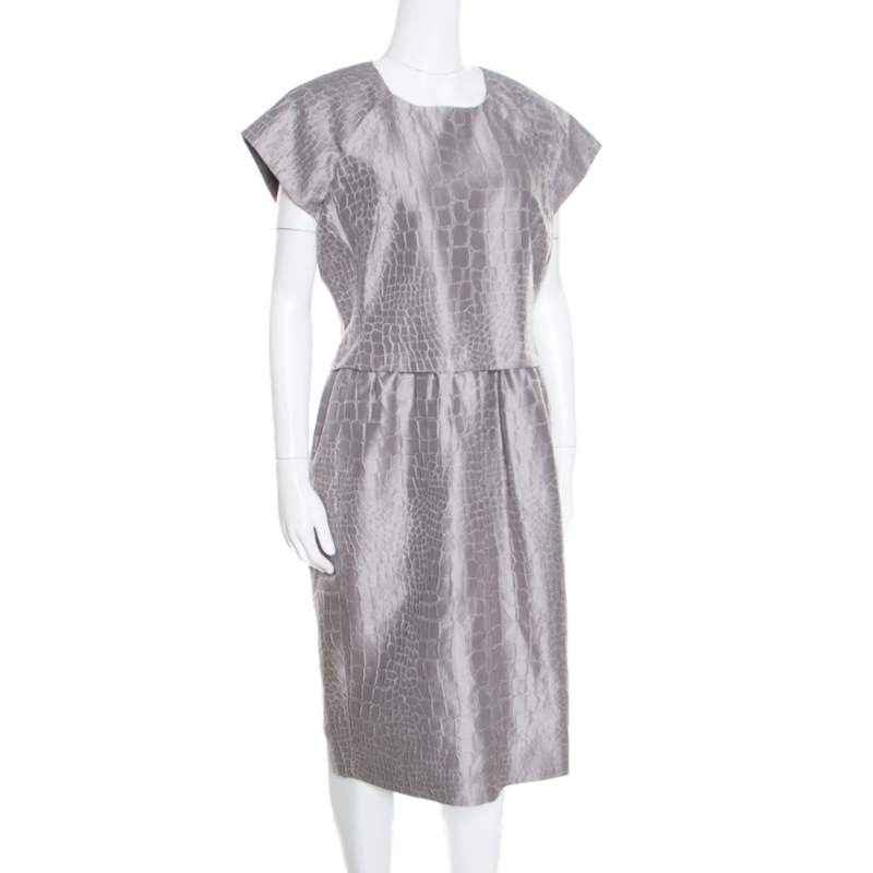 

Salvatore Ferragamo Grey Snakeskin Patterned Cotton Jacquard Sheath Dress