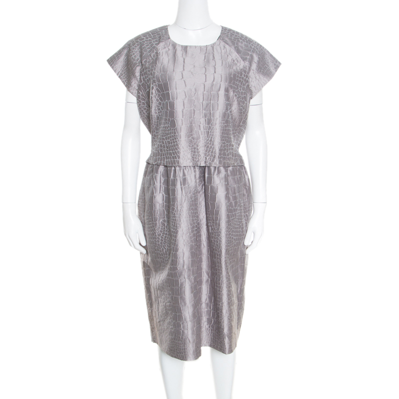 Pre Owned Salvatore Ferragamo Grey Snakeskin Patterned Cotton Jacquard Sheath Dress L