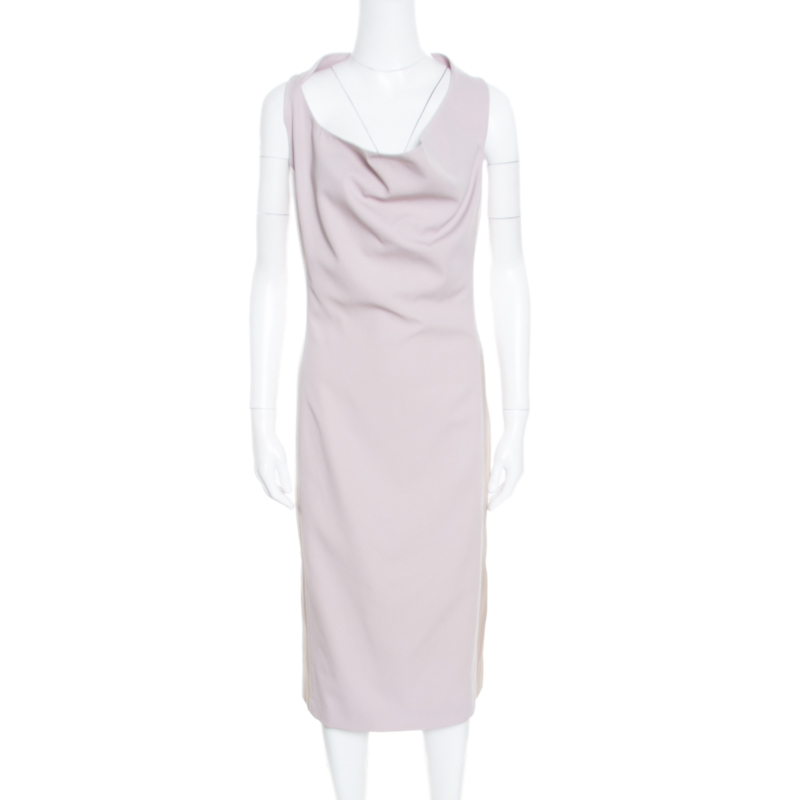 Pre Owned Salvatore Ferragamo Beige Wool and Cotton Paneled Twist Front Detail Shift Dress L