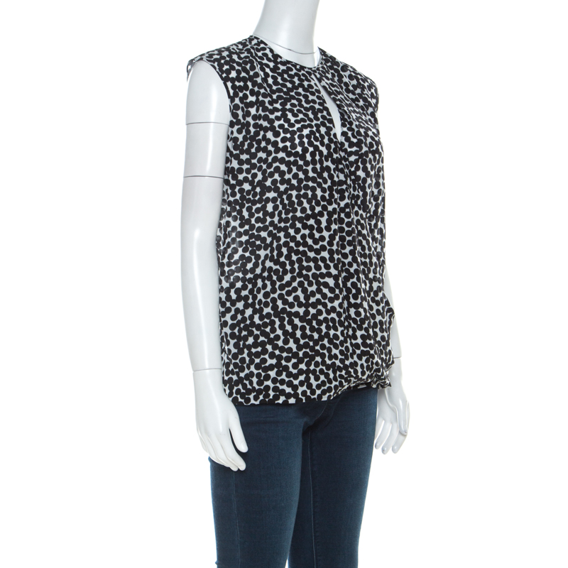 

Salvatore Ferragamo Monochrome Polka Dot Silk Sleeveless Draped Top, Black