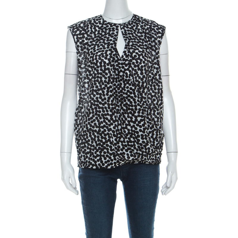 Salvatore Ferragamo Monochrome Polka Dot Silk Sleeveless Draped Top S ...