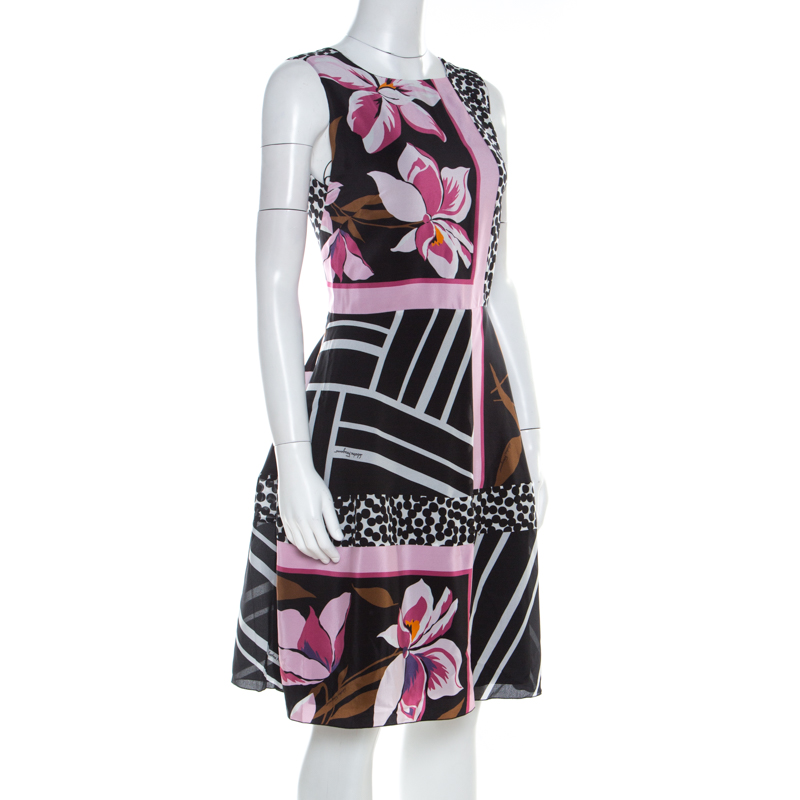 

Salvatore Ferragamo Multicolor Floral Print Silk Sleeveless Fit and Flare Dress