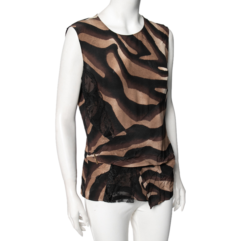 

Salvatore Ferragamo Brown Animal Print Lace Insert Silk Top