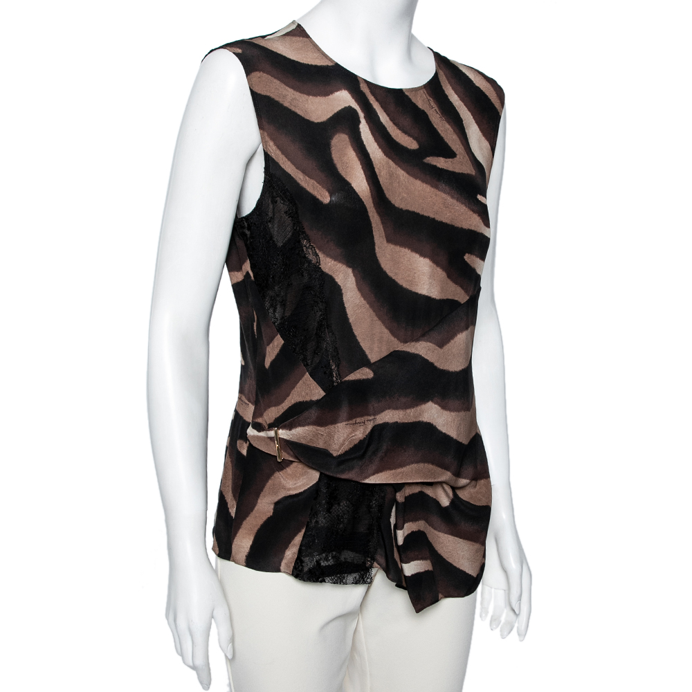 

Salvatore Ferragamo Brown Animal Printed Silk & Lace Insert Detailed Top