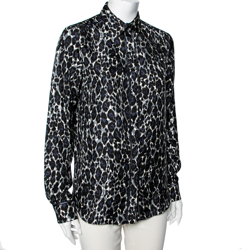 

Salvatore Ferragamo Grey & Blue Leopard Print Silk Ladder Lace Insert Shirt