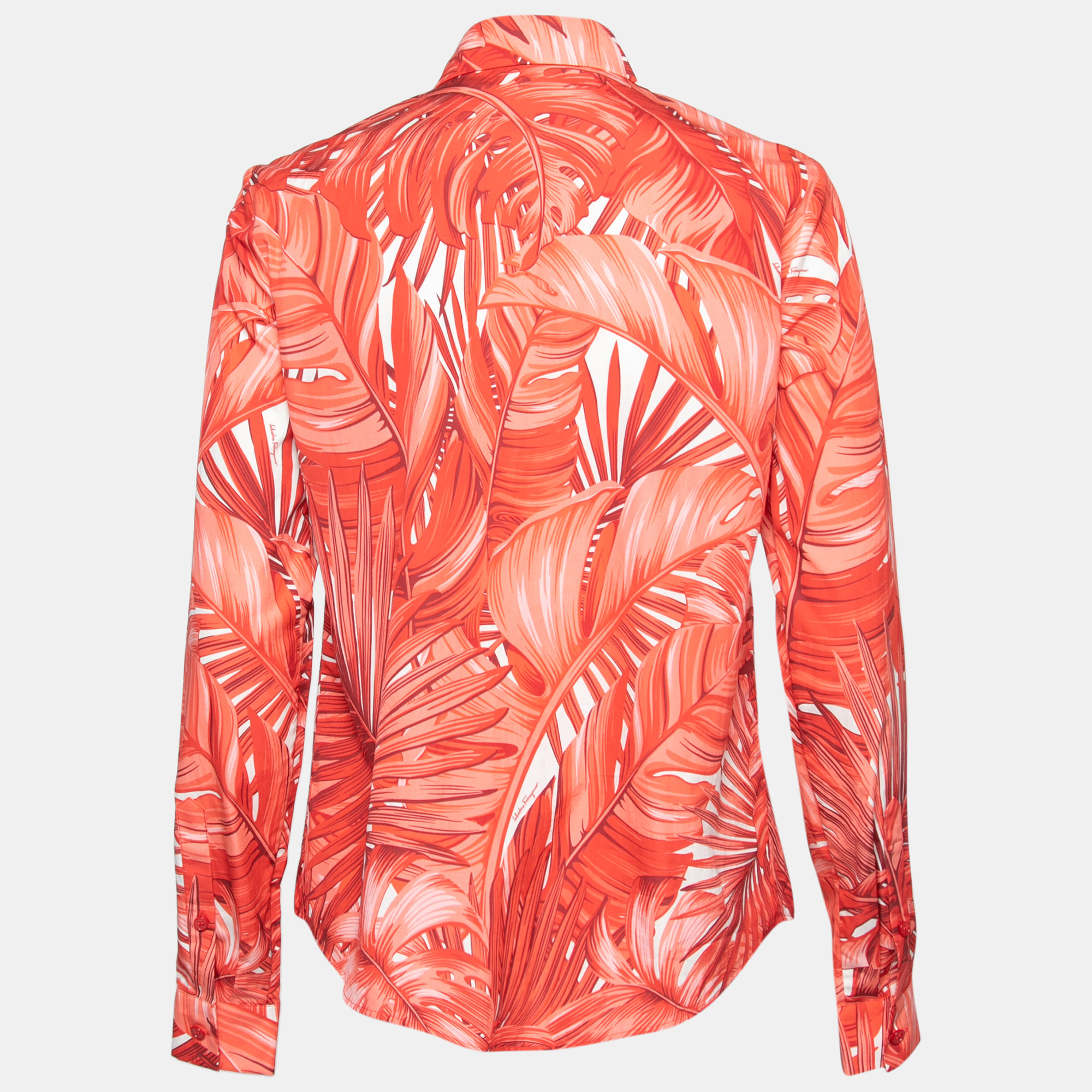 

Salvatore Ferragamo Red Tropical Leaf Print Cotton Shirt