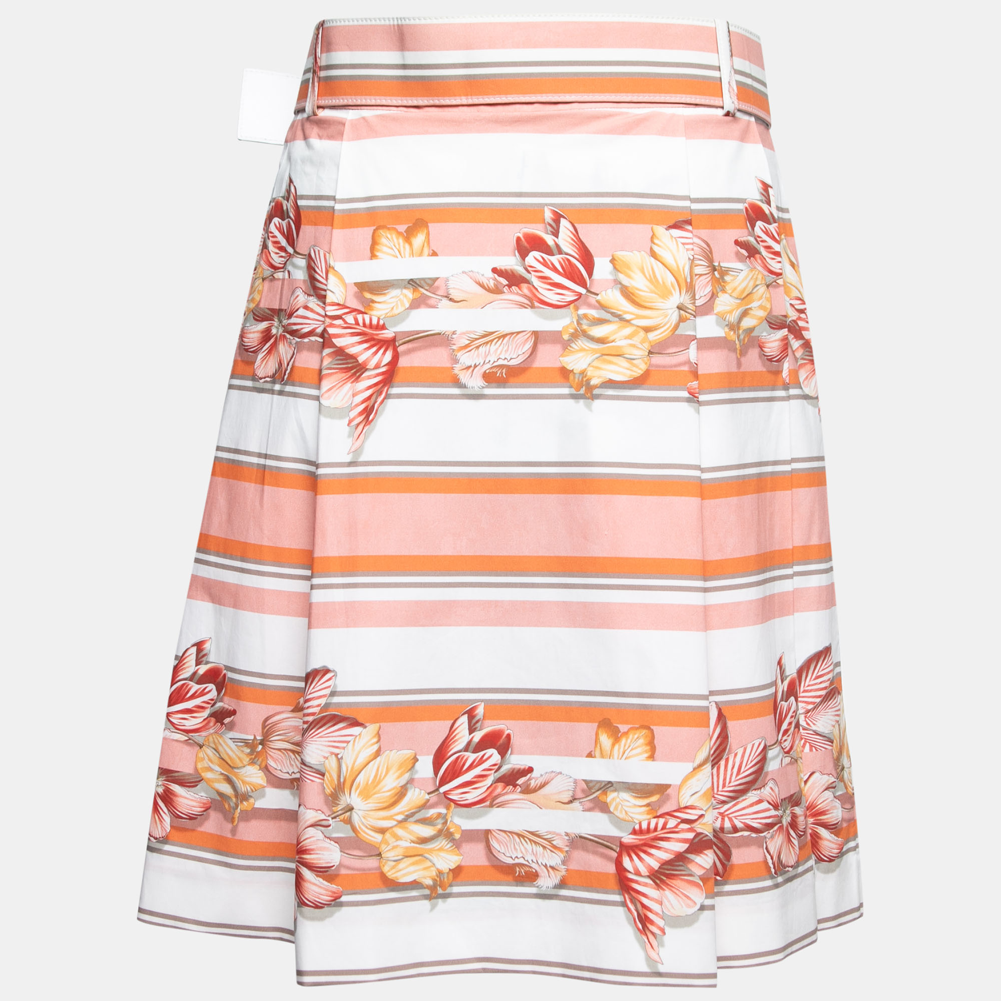 

Salvatore Ferragamo Pink Floral Striped Printed Cotton Belted Pleated Skirt