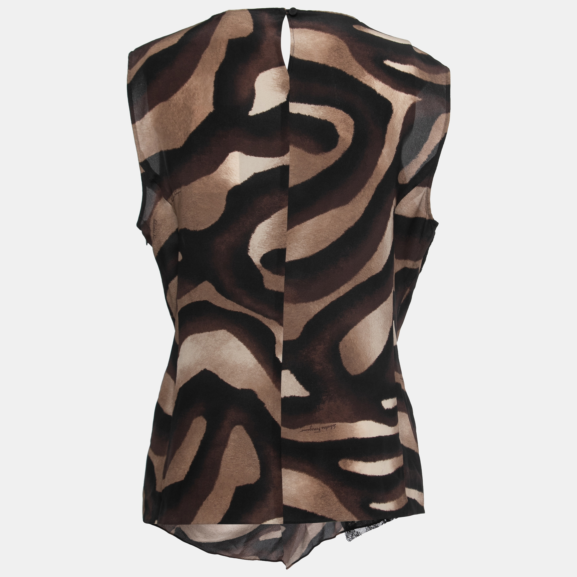 

Salvatore Ferragamo Brown Printed Silk Lace Trimmed Sleeveless Top