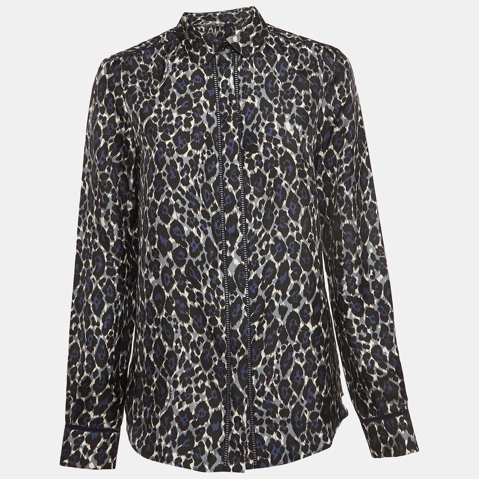 Pre-owned Ferragamo Blue Leopard Print Lace Insert Silk Long Sleeve Shirt S In Black