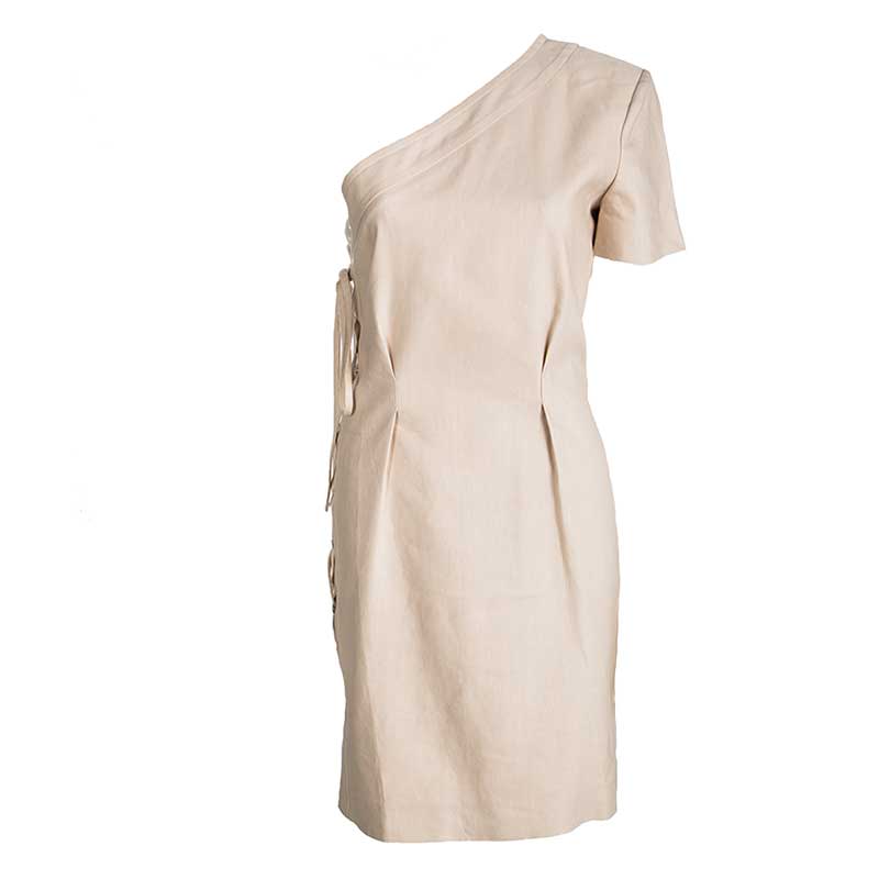 Salvatore Ferragamo Beige Denim Criss Cross Eyelet Detail One Shoulder Dress M