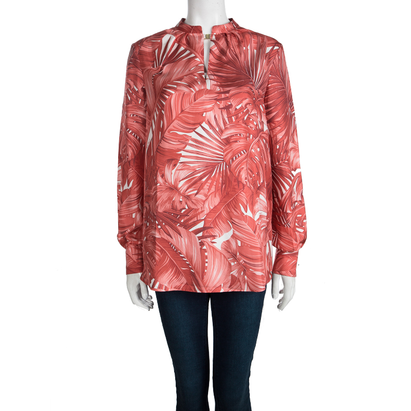 

Salvatore Ferragamo Red Leaf Printed Silk Long Sleeve Blouse