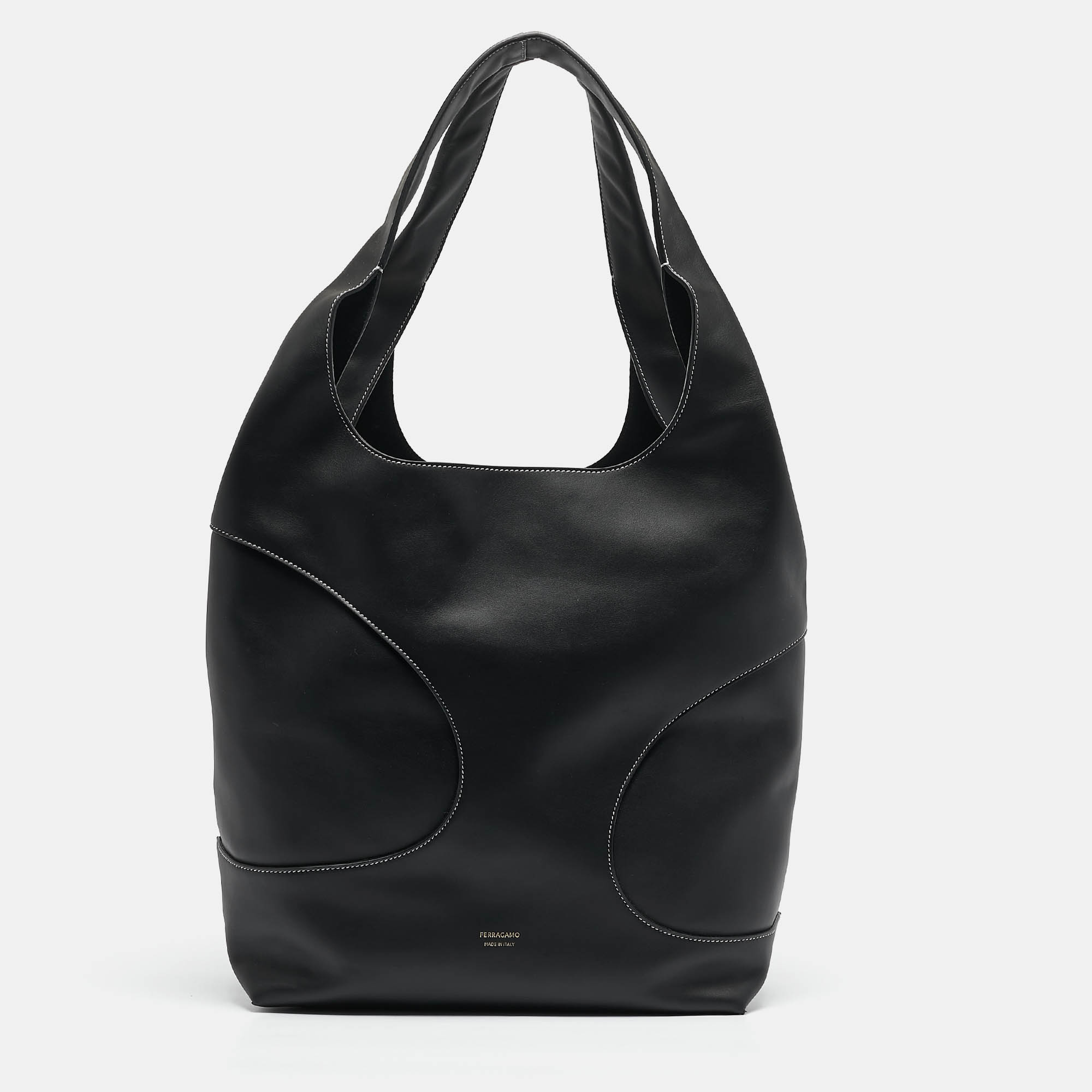 Pre-owned Ferragamo Black Leather Cut Out Detail Tote